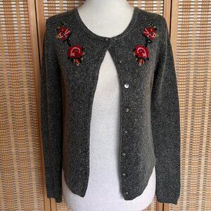 Blue Asphalt Dark Gray Cardigan Sweater with Red Floral Embroidery